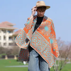 Retro-Jacquard-Poncho für Herren mit leuchtend orangefarbenen und türkisen Mustern