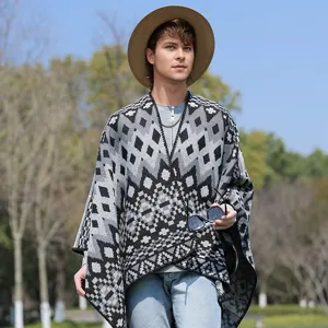 Men's stylish knitted poncho featuring a geometric diamond pattern and unique split design