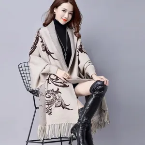 Women Vintage Floral Geometric Knit Cardigan Shawl Outerwear Loose Cape Cloak With Sleeves Fringe Trim Open Front Top Coat
