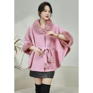 Elegant pink faux mink fur cape with plush collar and belted waist detail.