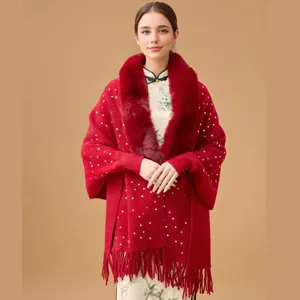 Red knitted winter shawl with luxurious faux fur collar and sparkly sequin embellishments