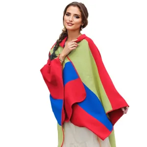 Colorful colorblock knitted hooded poncho shawl for women with bohemian design