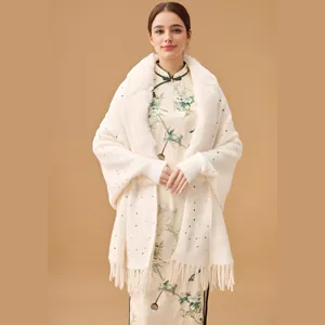 Women Faux Fur Collar Sequin Knit Shawl Cape With Sleeve Tassel Warm Winter Poncho Wrap For Wedding Party Evening