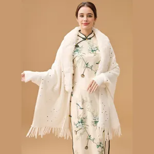 Elegant off-white knitted shawl with plush faux fur collar and sparkling sequins