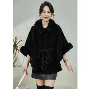 Elegant black faux mink fur cape jacket with belted waist and large fur collar details
