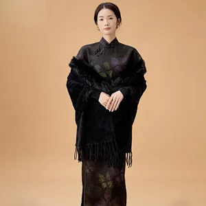 Elegante chal de piel sintética de visón negro para bodas de invierno o qipao
