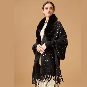 Elegant black knitted shawl with faux fur collar and sparkly sequins winter cape for women