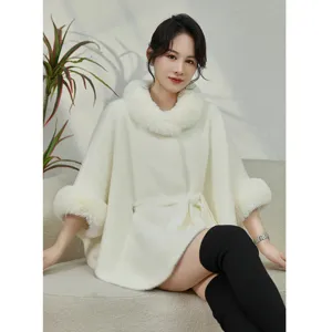 Women Elegant Faux Mink Fur Poncho Cape Jacket Korean Style Large Fur Collar Belted Stand Collar Short Coat Autumn Winter Warm Shawl