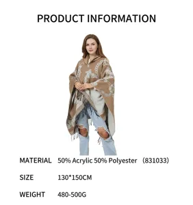 Detailed info for fringe knit poncho shawl, 50% acrylic 50% polyester, warm scarf wrap.