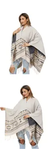 Detailed view of a soft bohemian knitted poncho featuring geometric patterns and fringe