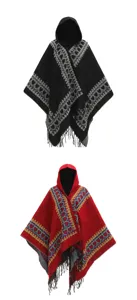 Ensemble de ponchos en tricot à capuche avec motifs de cœurs et franges, rouge et noir