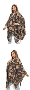 Bohemian floral knitted poncho with long fringe tassels for autumn winter fashion