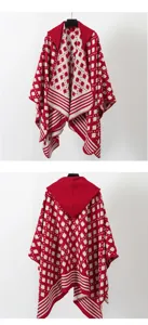 Detailed front and back views of a red and white knitted hooded poncho shawl for women