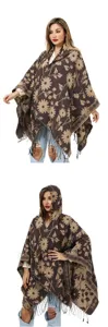Front and hooded detail view of brown floral knit poncho with elegant black tassels.