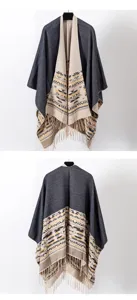 Detailed front and back views of a Bohemian knitted poncho with geometric patterns and tassels.