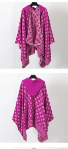 Front and back views of a hooded knit poncho with magenta geometric patterns