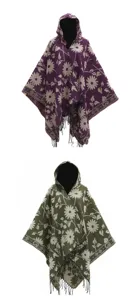 Detailed view of floral knitted hooded ponchos in purple and olive green colors