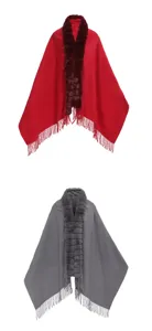 Detailed view of red and grey knitted shawls with fringe tassels and faux fur collar