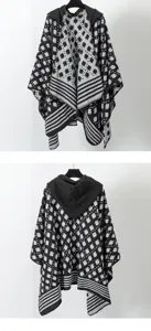 Detailed view showing the front and back design of a patterned knitted hooded poncho cloak
