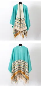 Front and back detail of Bohemian knitted shawl with teal geometric pattern and tassels