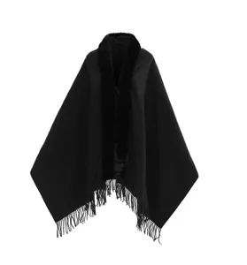 Detailed view of black women's knit shawl with faux fur collar and elegant fringe edges.