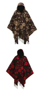 Detailed view showing two color variations of hooded knitted ponchos with floral patterns.
