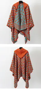 Front and back view of hooded woven knit shawl with orange and teal geometric pattern