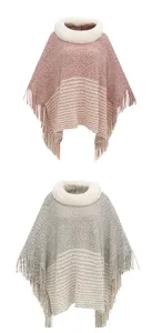 Two-color comparison of knitted ponchos with faux fur collars and elegant fringe details