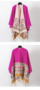 Front and back view of Bohemian fuchsia knitted poncho with ethnic geometric patterns