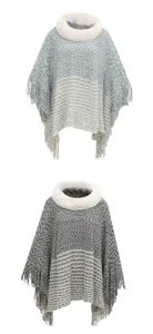 Ladies chenille poncho shawls with white fur collars and fringe details in blue and grey
