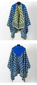 Detail views showing front and back of blue yellow patterned hooded knit poncho
