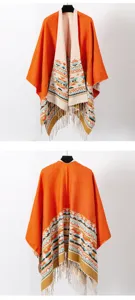 Front and back detail view of Bohemian orange knitted poncho with fringe tassels