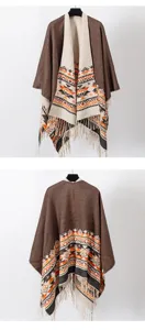 Front and back view of a bohemian knitted poncho with ethnic patterns and tassels