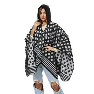 Women Hooded Poncho Shawl Geometric Pattern Jacquard Knitted Cape With Tassels Open Front Cashmere-like Autumn Winter Warm Wrap