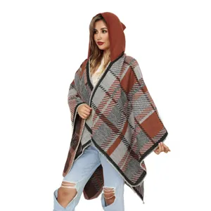 Modieuze Dames Poncho Met Capuchon En Ruitpatroon Dikke Acryl Omslagdoek Met Franjes Open Voorzijde Winterjas