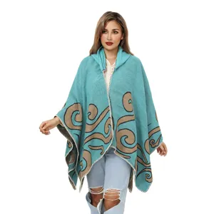 Strick-Poncho für Damen mit Vintage-Spiralmuster in Türkis