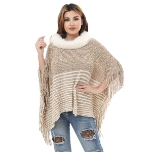 Women Faux Fur Collar Striped Poncho Shawl Winter Warm Chenille Cape Tassel Batwing Sleeve Wrap Street Style