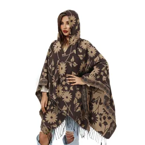Women Hooded Knitted Shawl Cape With Tassels Sunflower Jacquard Slit Poncho Cloak Warm Imitation Cashmere Wrap For Winter
