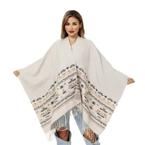 Bohemian Reversible Cashmere-Like Acrylic Shawl Cape For Women Vintage Tribal Geometric Fringe Tassel Poncho Wrap Warm Blanket Travel Scarf