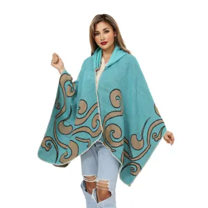 Türkisfarbener Strick-Poncho-Schal für Damen mit elegantem braunem Wirbelmuster-Stil