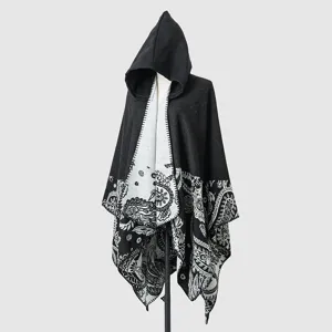 Elegant black and white hooded knitted shawl with intricate paisley patterns for winter