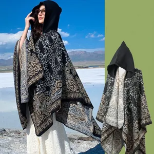 Elegante poncho con capucha y estampado de cachemira para mujer para viajes y el invierno