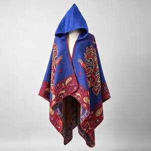 Eleganter blau-roter Paisley-Jacquard-Poncho mit Kapuze für stilvolle Damenmode