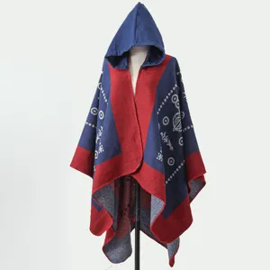Ethno-Stil marineblau rot farbblockierte Kapuzenstrickponcho für Damen Herbst Winter