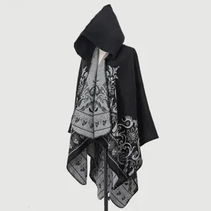 Elegant black and grey floral jacquard hooded knitted poncho shawl cape for women