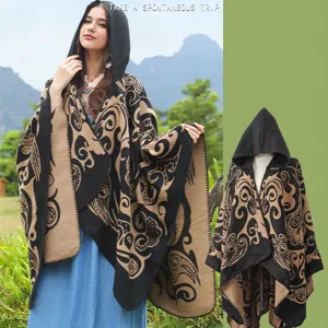 Damen Böhmisch Kapuzenponcho Schal Verdickter Jacquard Schlitz Cape Vintage Paisley Muster Warmer Herbst Winter Wickelmantel