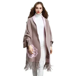 Eleganter Jacquard-Quasten-Schal-Poncho mit Blumenmuster und Ärmeln für den Winter