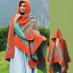 Damen Böhmisch Kapuzen Umhang Poncho Schal Vintage Blumen Jacquard Strick Offene Front Wickel Cardigan Warm Herbst Winter Cape