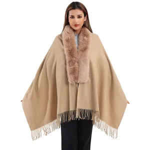 Écharpe en Faux Cachemire pour Femmes Avec Col en Fausse Fourrure de Lapin Écharpe Unie à Glands Châle Chaud d'Hiver