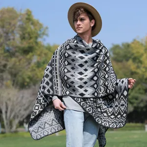 Stylish men's knit poncho with geometric pattern, perfect for autumn winter fashion